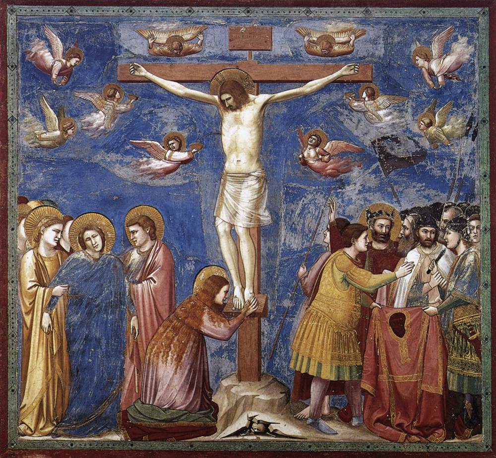Kuvan freskossa Jeesus ristillä, ympärillä seuraajia ja pilkkaajia, enkelihahmoja taivaalla.