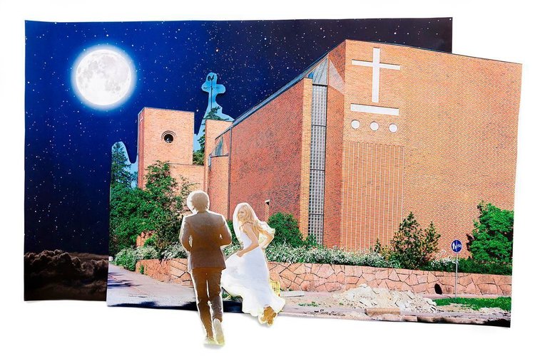 Käsitelty kuva kirkosta ja vihkiparista