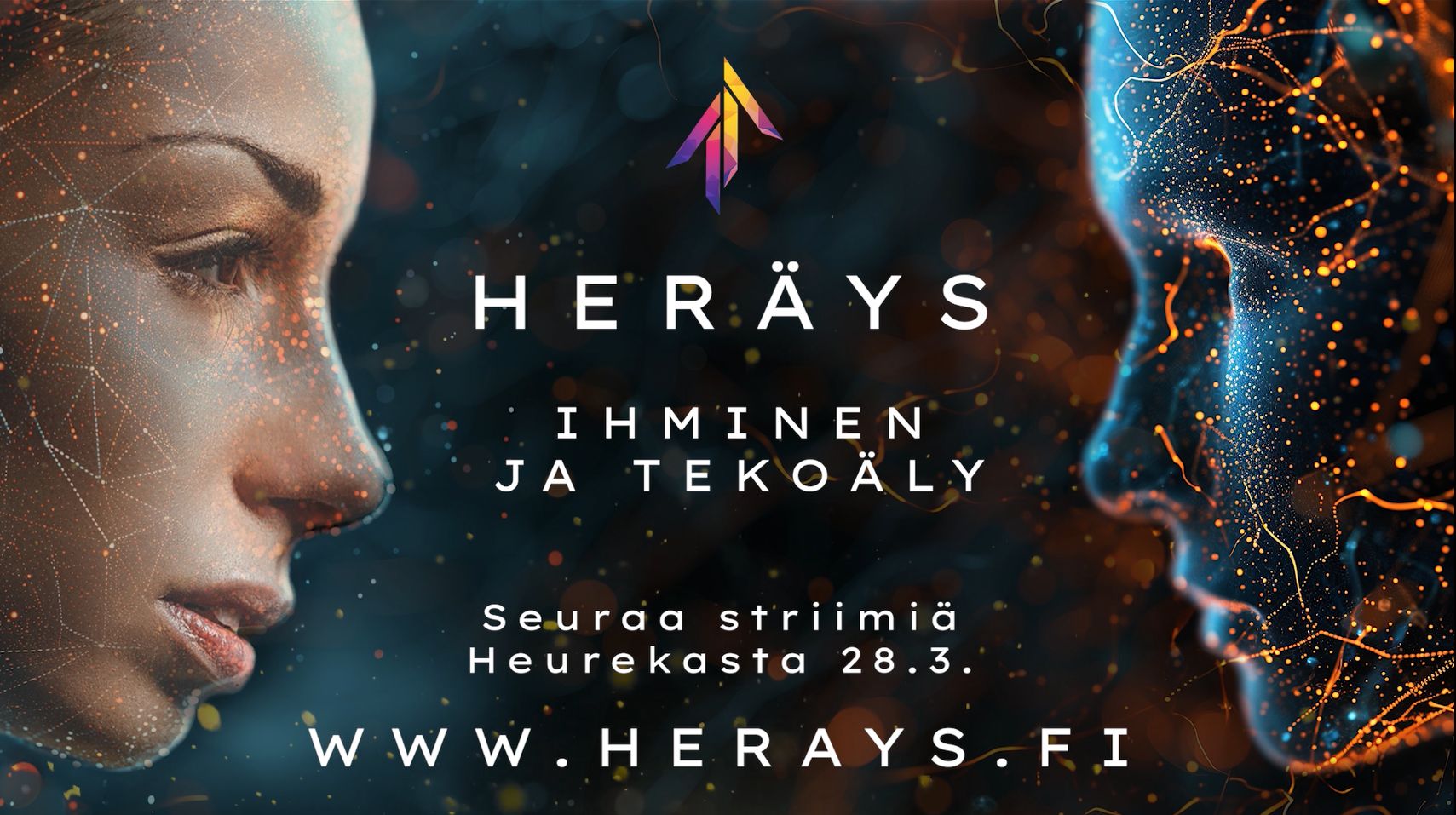 Kaksi kasvoa vastakkain sivuprofiileina teksti Heräys, ihminen ja tekoäly www.herays.fi