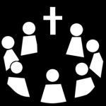 Selkokuva seurakunnasta: risti ja sen ympärillä ihmishahmoja.