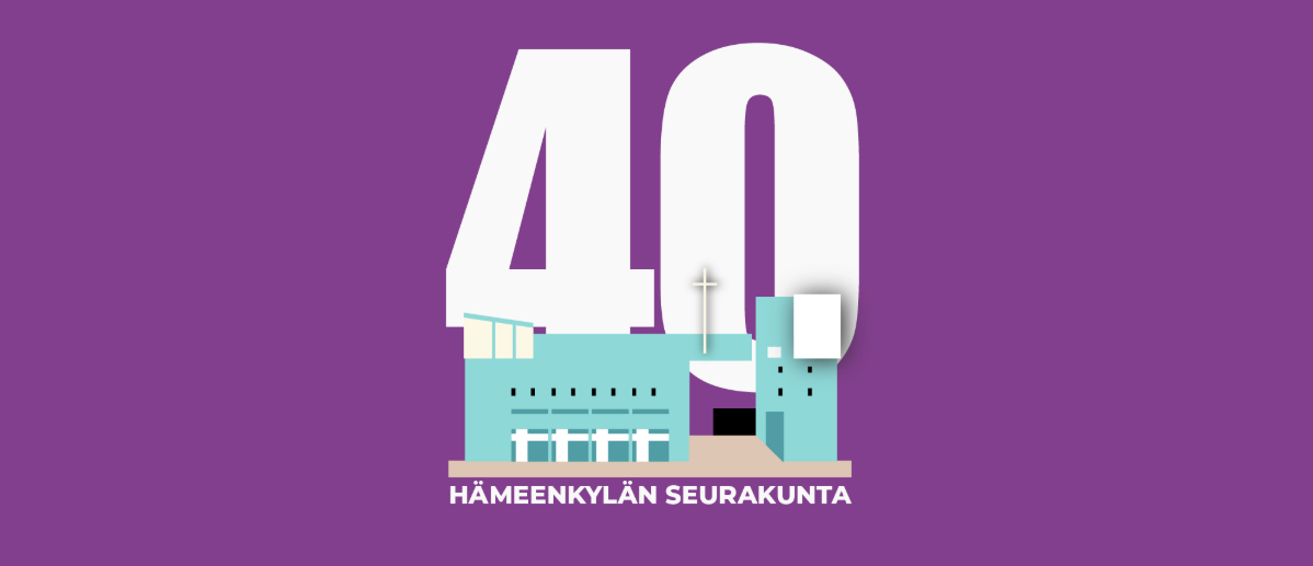 Hämeenkylän seurakunta 40 vuotta -logo violetilla pohjalla