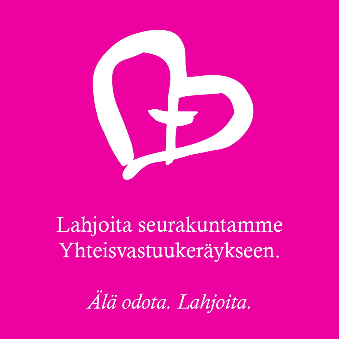 Valkoinen sydän ja risti -logo ja valkoista tekstiä pinkillä taustalla.
