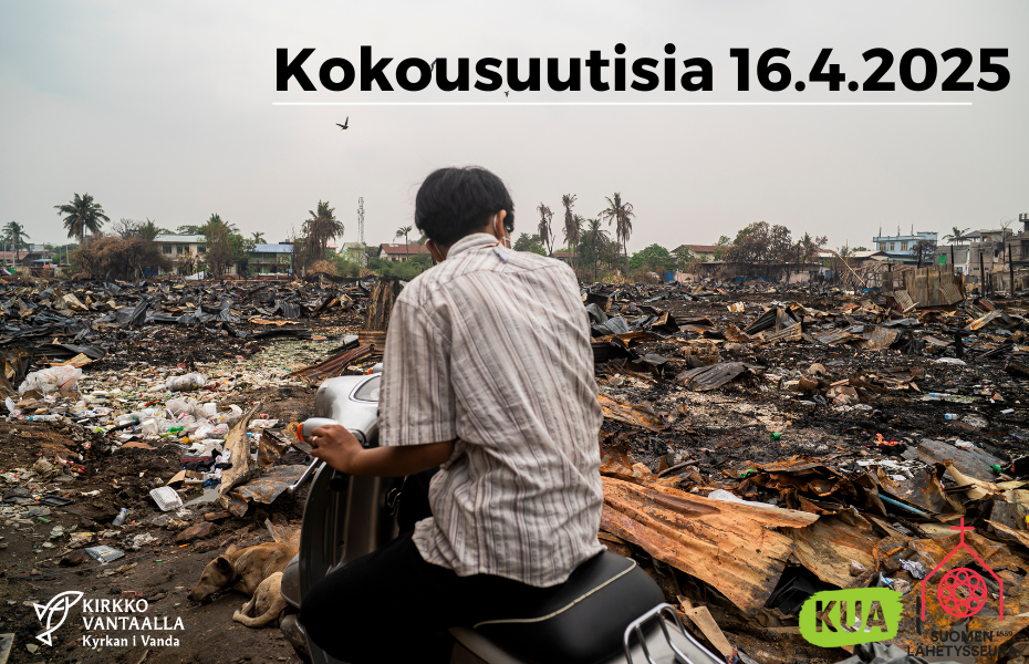 Teksti kokousuutisia 16.4.2025 ja ihminen maanjäristysalueen keskellä
