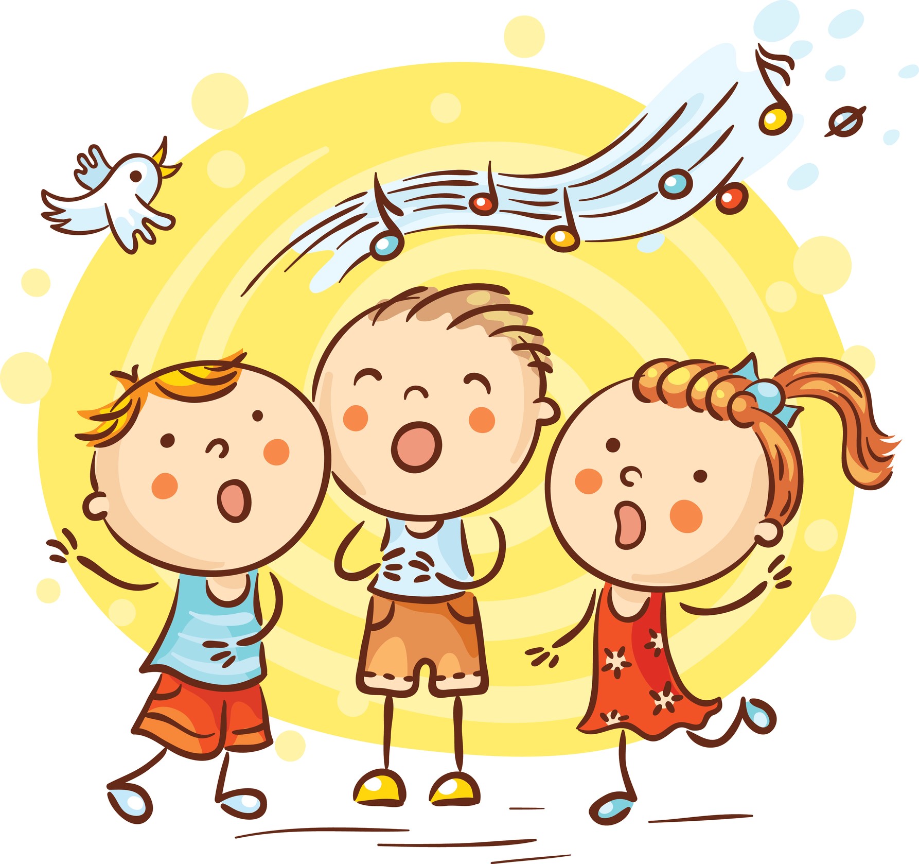 Piirroskuva, jossa kolme lasta laulaa keltaista taustaa vasten.
