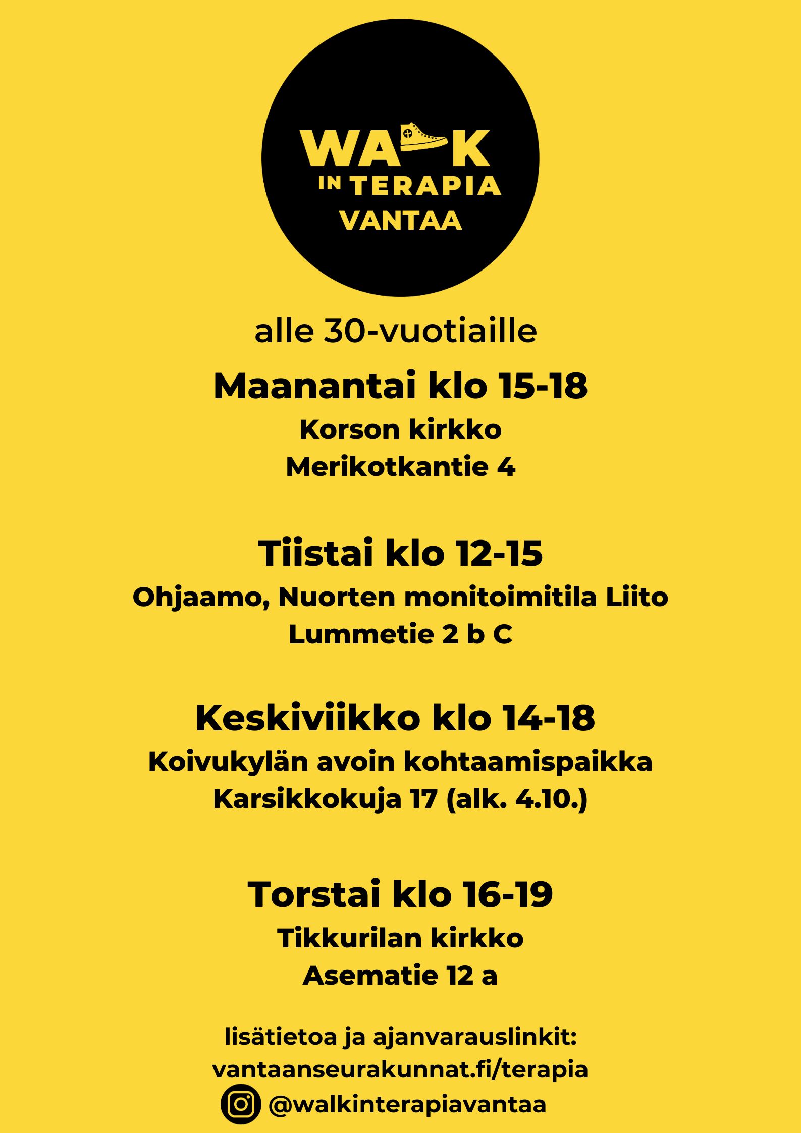 Keltaisella pohjalla Walk in terapia-logo, ja Vantaan walk in terapia-päivystykset syksyllä 2023