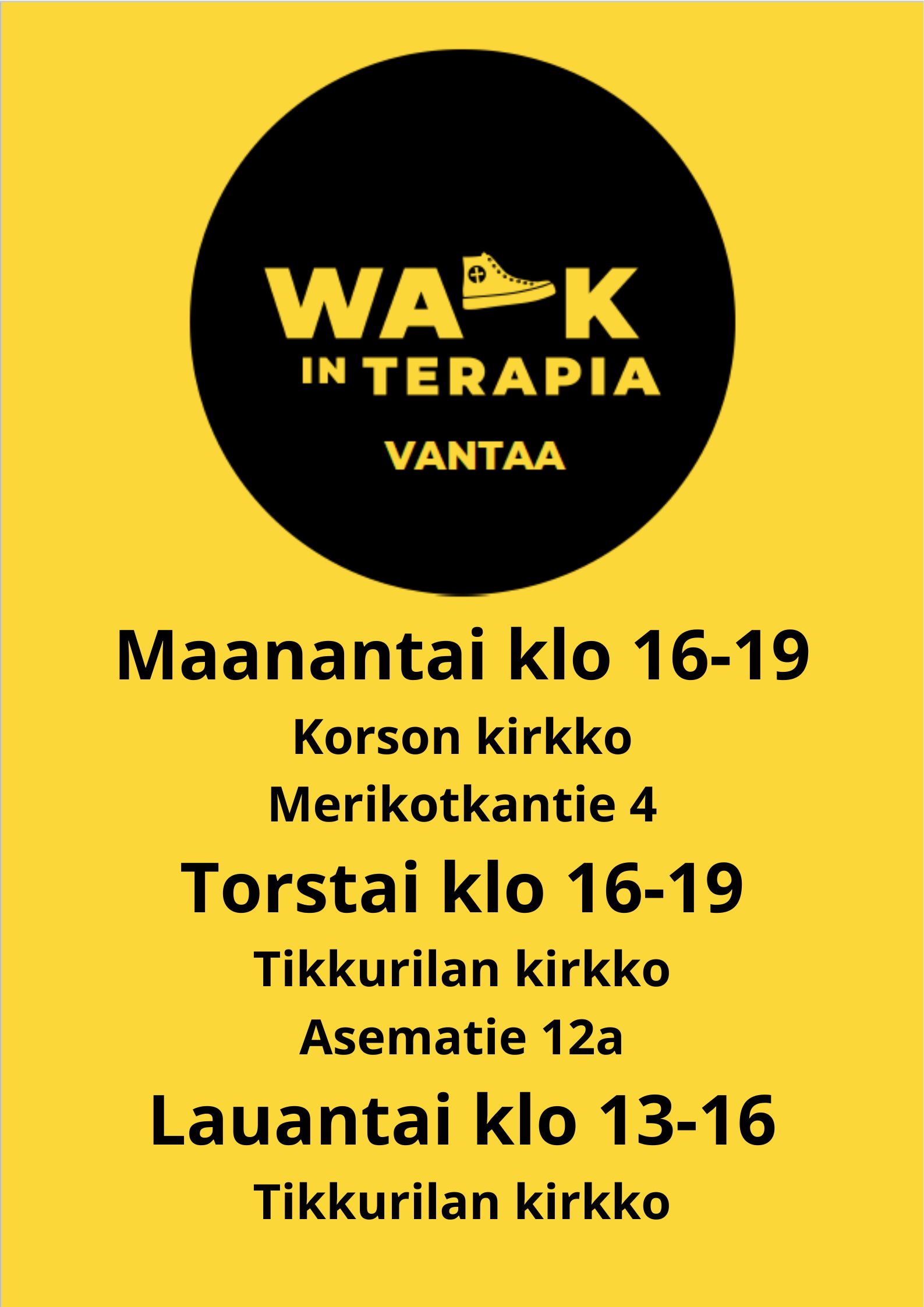 Walk in -terapia Vantaalla kevätkaudella 2023. Ajat on esitetty sivun tekstissä.