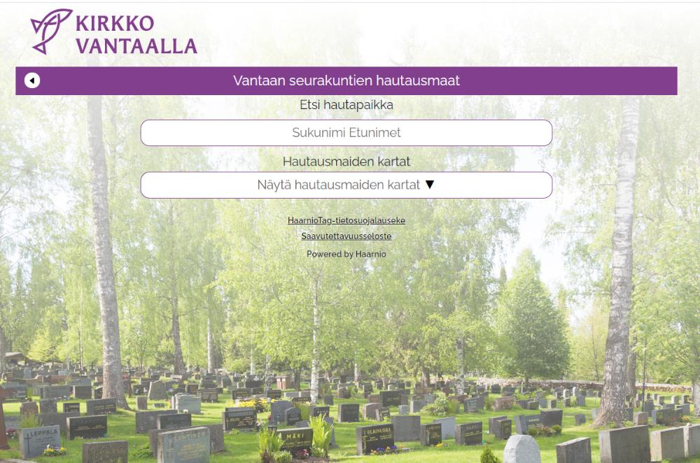 Linkki Vantaan seurakuntien hautausmaiden palveluun, jolla voi etsiä haudan sijainnin hautausmailta.