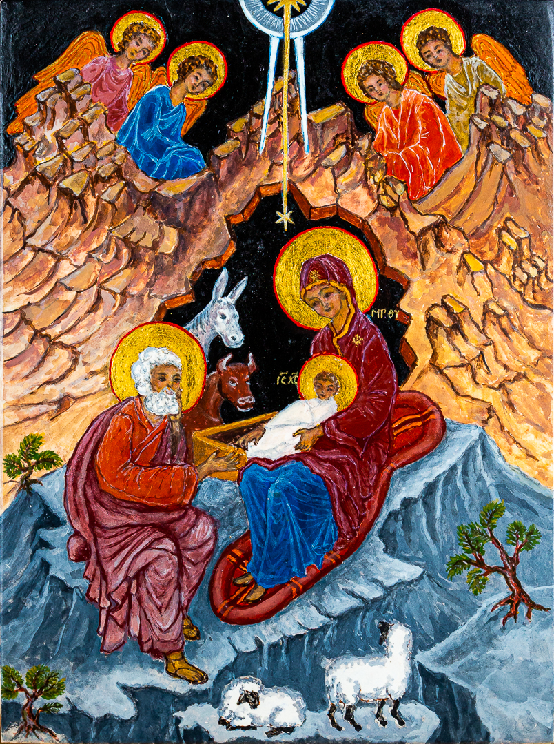 Jeesuksen syntymä -ikoni, maalannut Raili Savolainen.