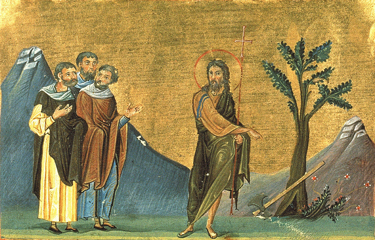 Kuvassa vanha ikoni, jossa Johannes Kastaja sekä joukko kuulijoita.