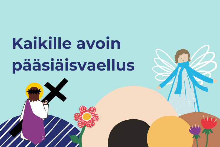 Kaikille avoin pääsiäisvaellus pääsiäiselementtejä vaaleansinisellä pohjalla