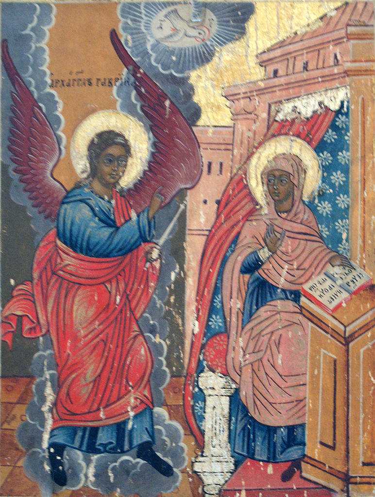 Kuvassa ikoni, jossa enkeli Gabriel on tullut tervehtimään Mariaa.