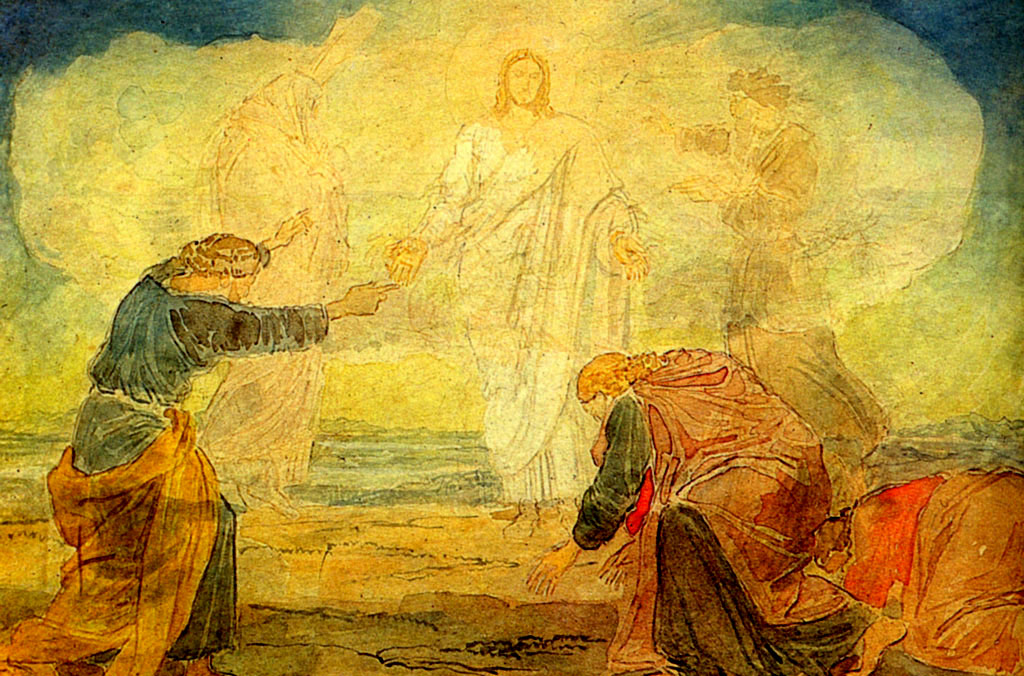 Kirkastussunnuntain messu Kuvassa etualalla kolme oppilasta ja taaempana Jeesus keltaisessa valopilvessä kahden muun hahmon kanssa.