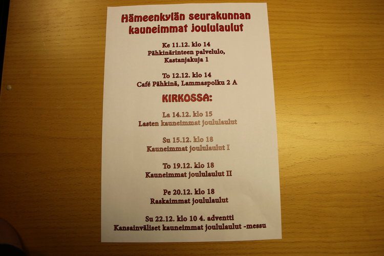 Kauneimmat joululaulut HÄMEENKYLÄN seurakunnassa Kauneimmat joululaulut HÄMEENKYLÄN seurakunnassa