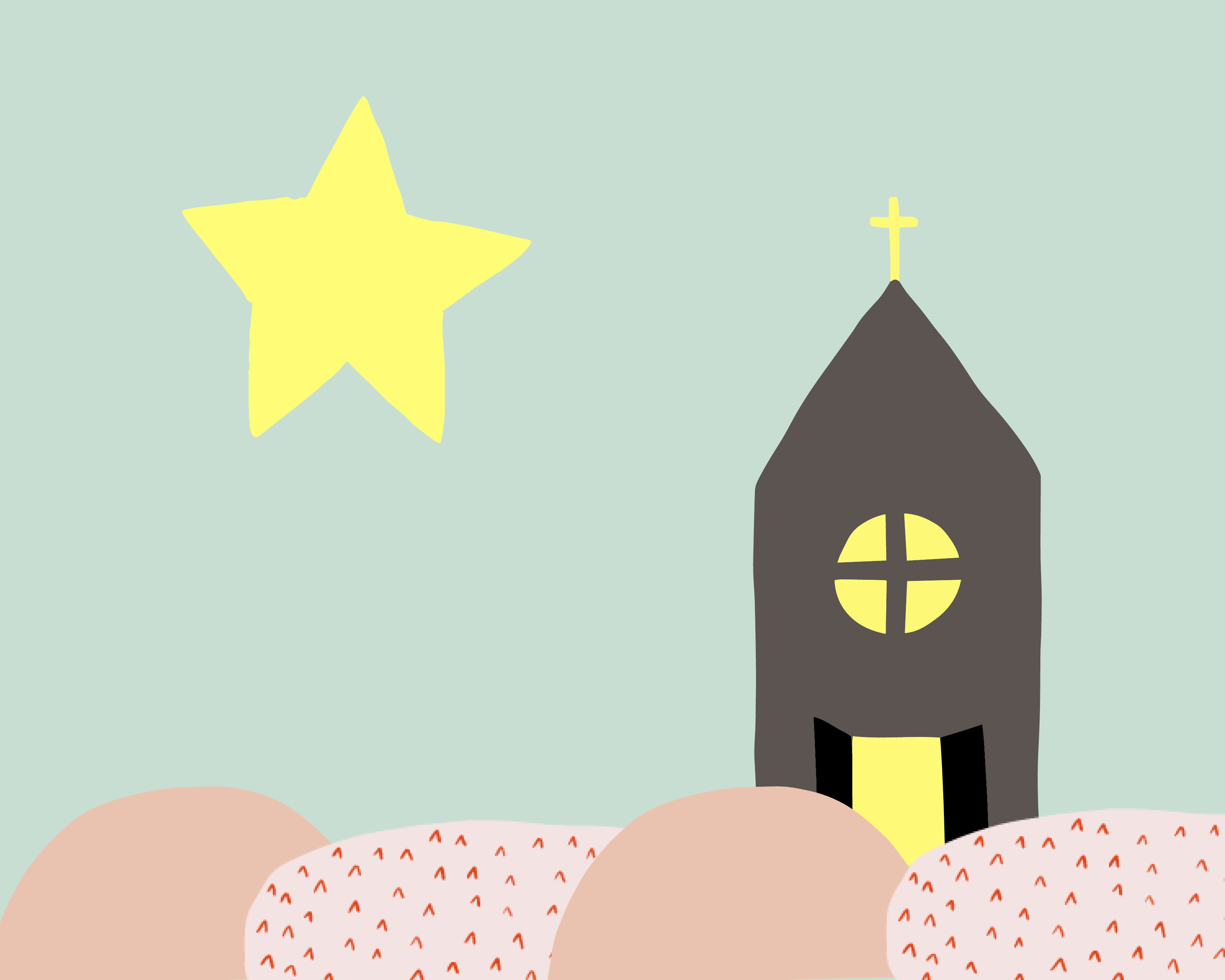 piirroskuvassa luminen maa, kirkko ja tähti