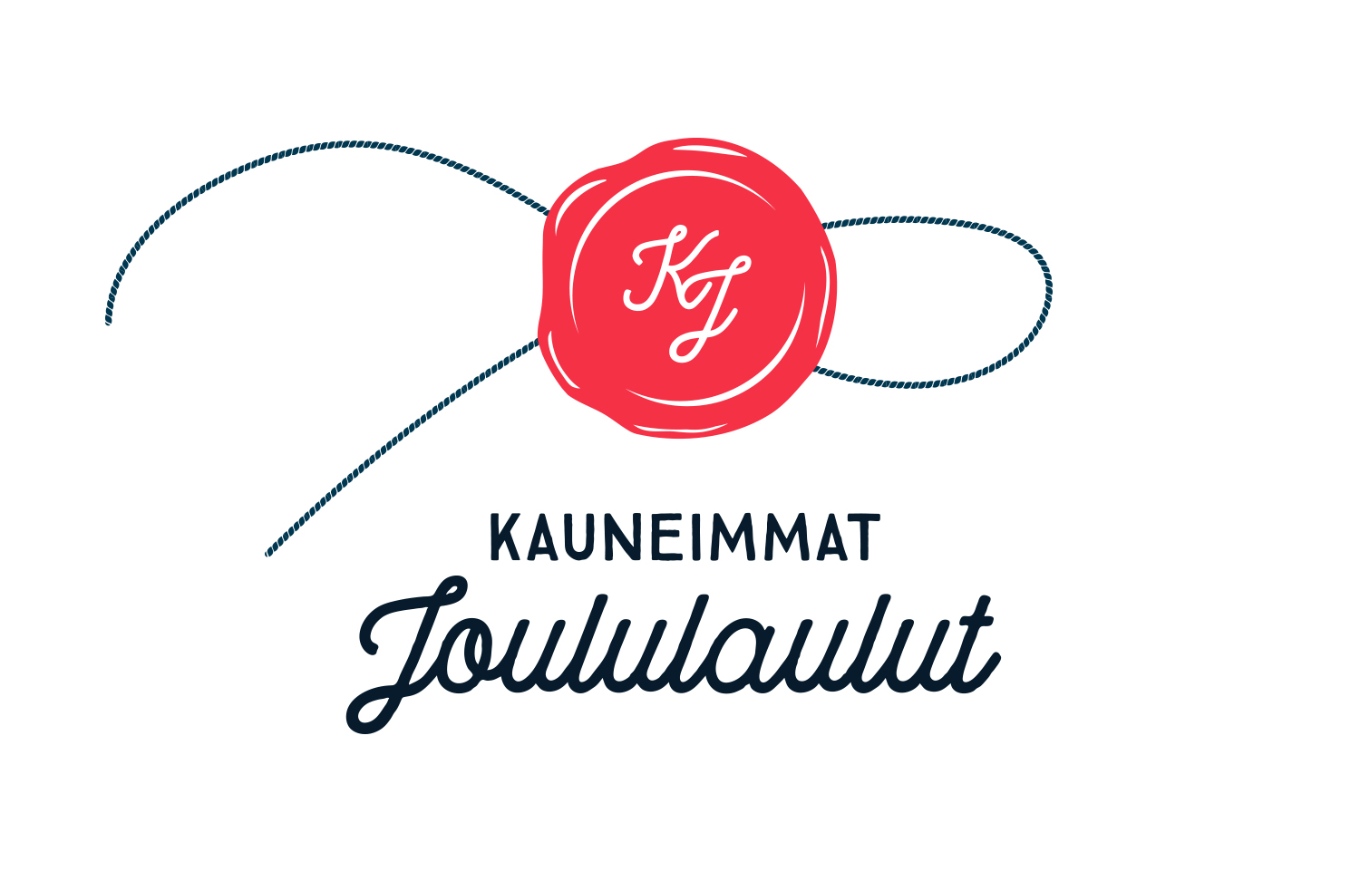 Kauneimmat joululaulut - Laulava urbaani jouluvaellus ULKONA Punainen sinetti, jossa teksti KJ, Kauneimmat joululaulut.
