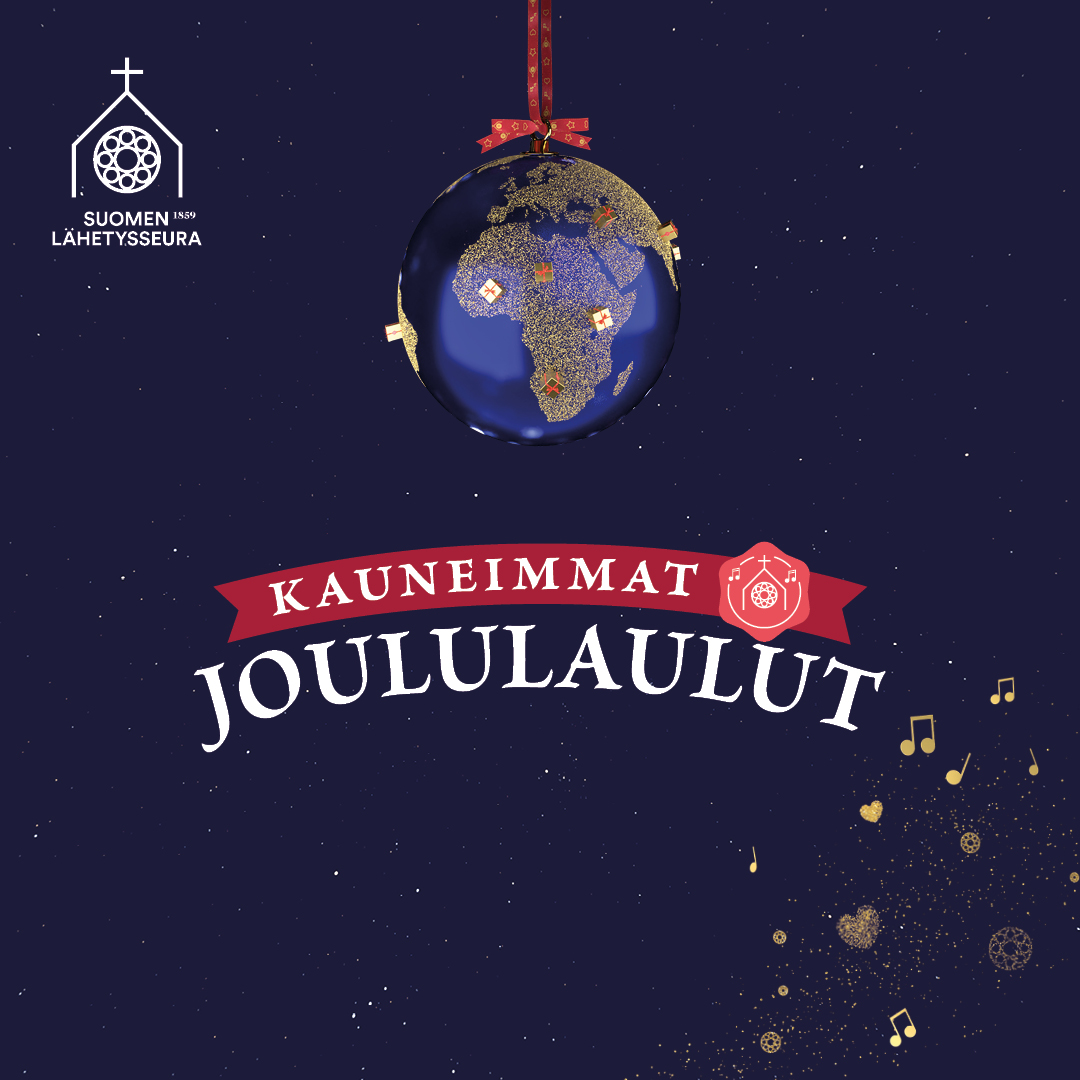 maailmankartta-joulupallo ja kauneimmat joululaulut -teksti syvänsinisellä taustalla, kultaisia nuotteja ja sydämiä