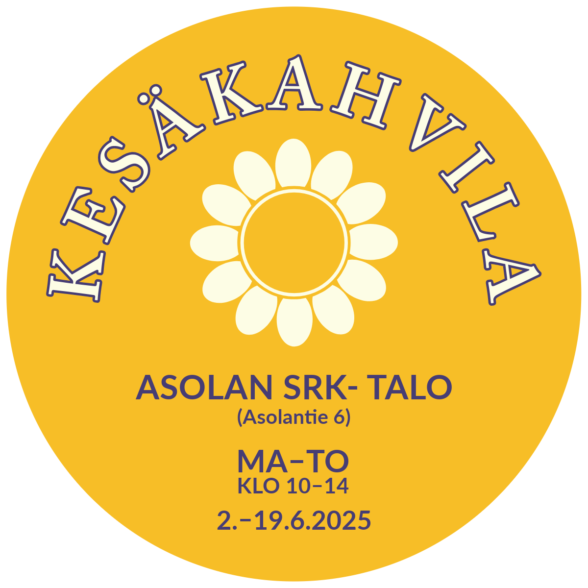 Asolan kesäkahvila Kesäkahvila-info. Kukka keskellä keltaisella pohjalla.