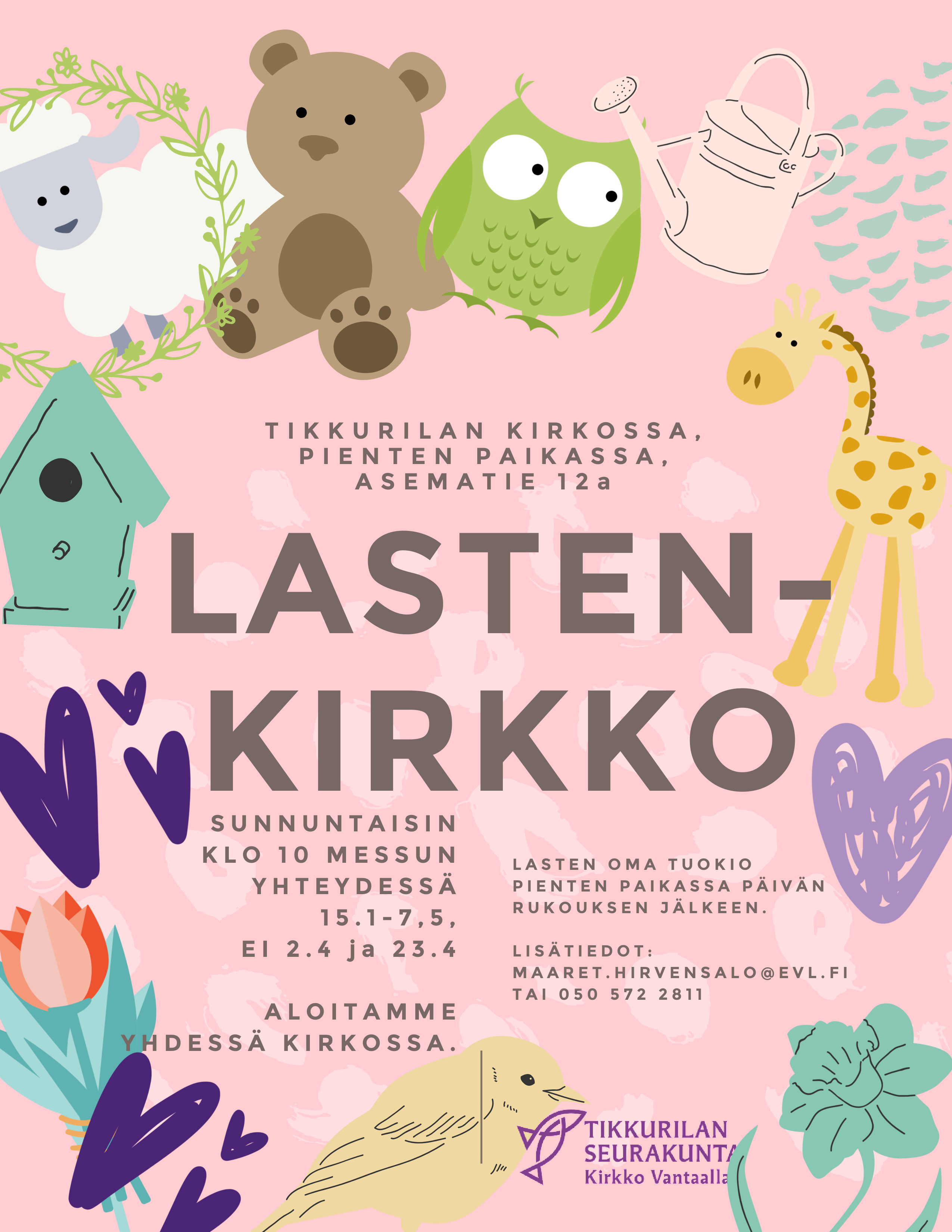Kuvassa vaaleanpunainen, graafinen kuva. Kuvassa eläimiä, kukkia, lintu ja sydämiä.