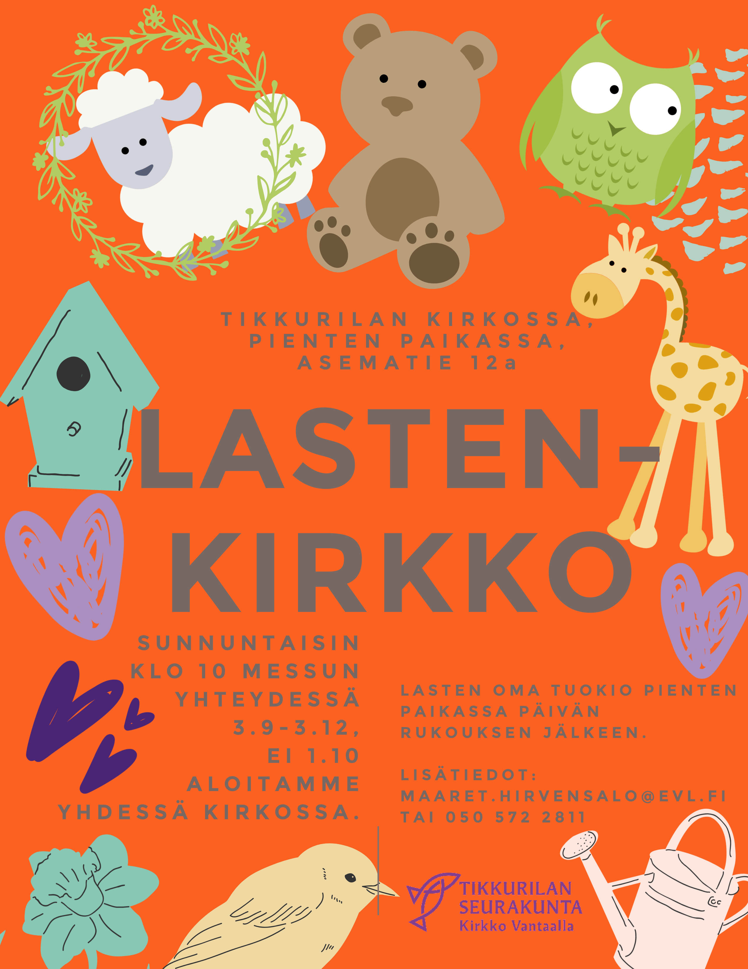 Kuvassa värikkäitä eläimiä, kukkia ja sydämiä.