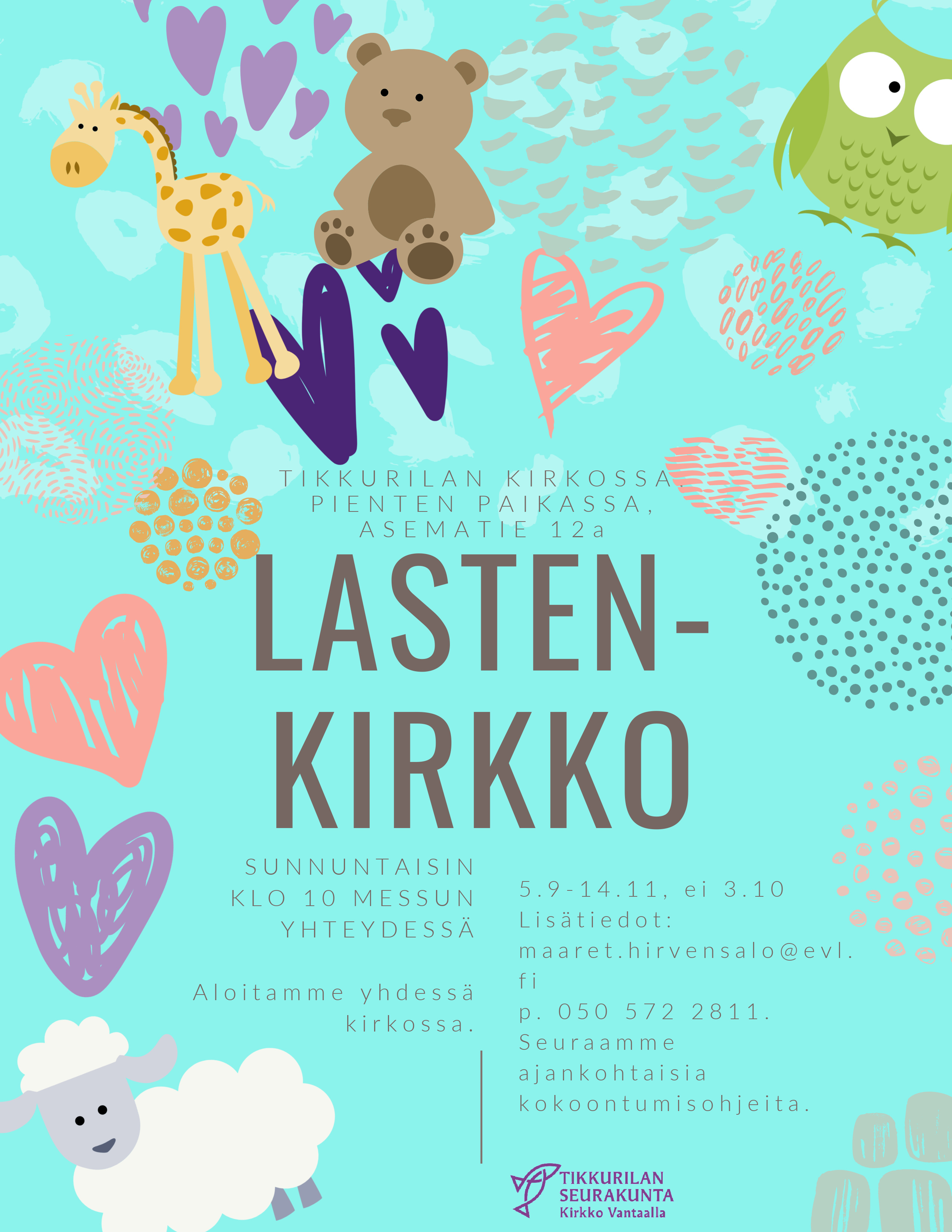Lastenkirkko Kuvassa graafisia ja värikkäitä kuvia ja hahmoja.