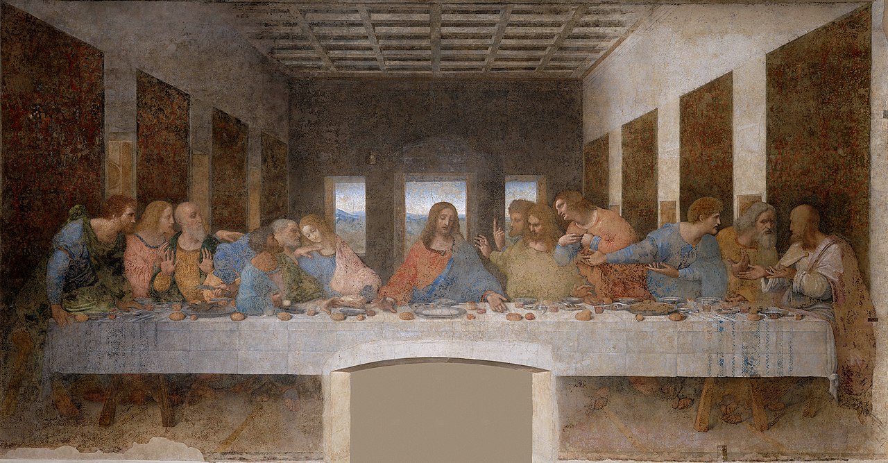 Kuvan maalauksessa Jeesus ja kaksitoista oppilasta pöydän ääressä.