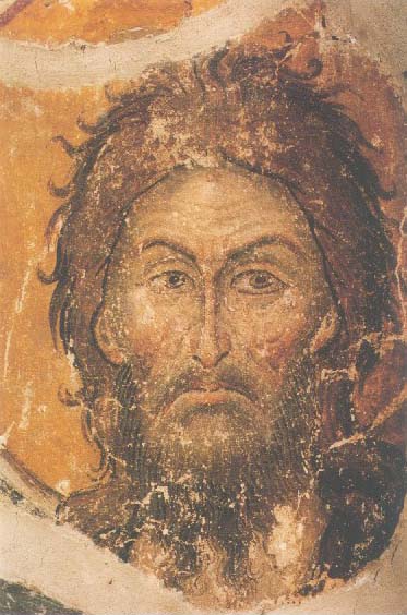 Kuvassa vanha ikonikuva Johanneksen uurteisista kasvoista.