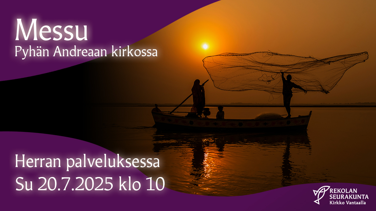 Messu Rekolan kirkossa Kalastajia järvellä heittämässä verkkoa.