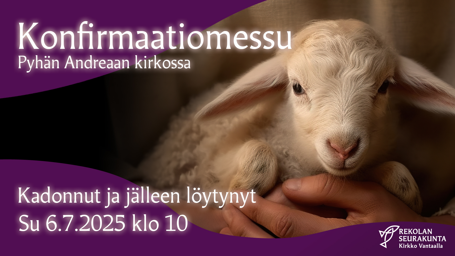 Konfirmaatiomessu Rekolan kirkossa Paiimenen kädet pitävät karitsaa.