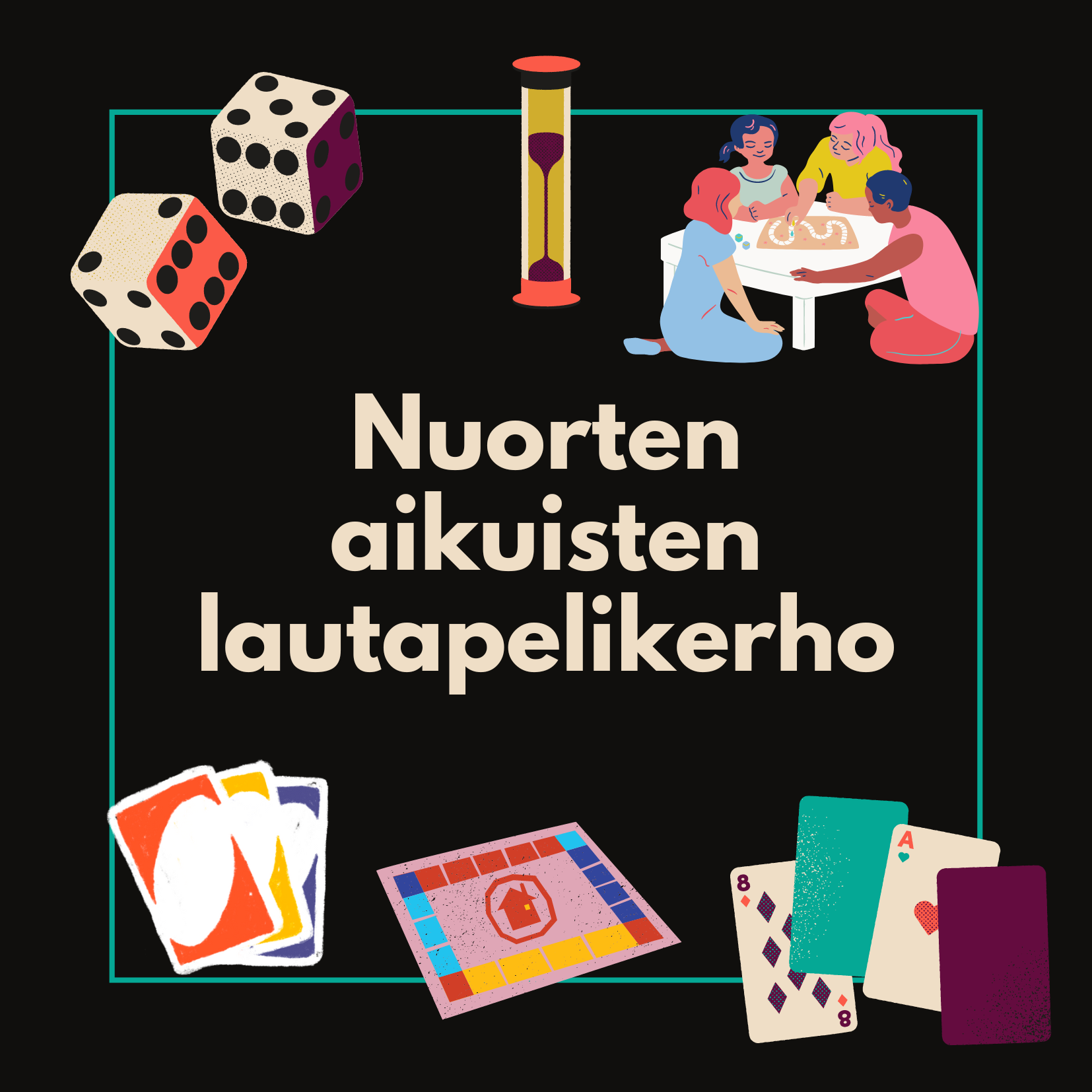 Nuorten aikuisten lautapelikerho Piirrettyjä ihmisiä ja erilaisia peleihin liittyviä symboleja