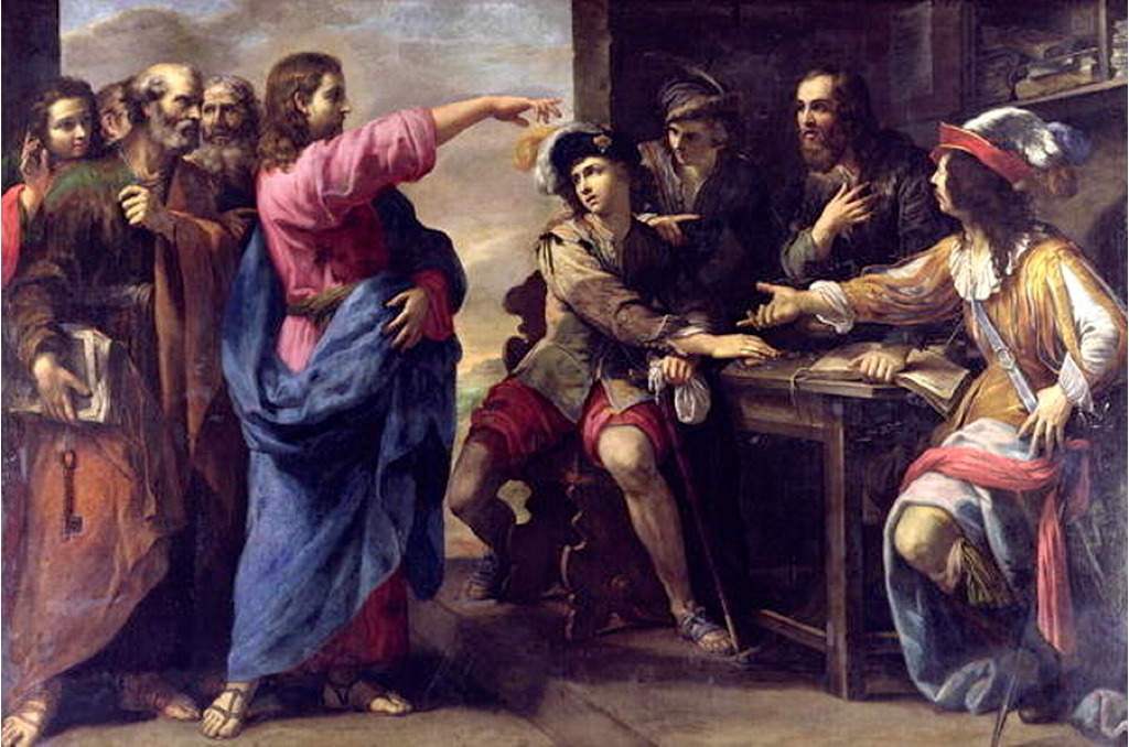 Messu Tikkurilan kirkossa - kadonnut ja jälleen löytynyt; lähetetään myös verkossa Niccolò Torniolin maalaus, The Calling of Saint Matthew, esittää Jeesuksen osoittamassa Matteusta, jonka kanssa pöydän ääressä on miehiä rahapussien kera.