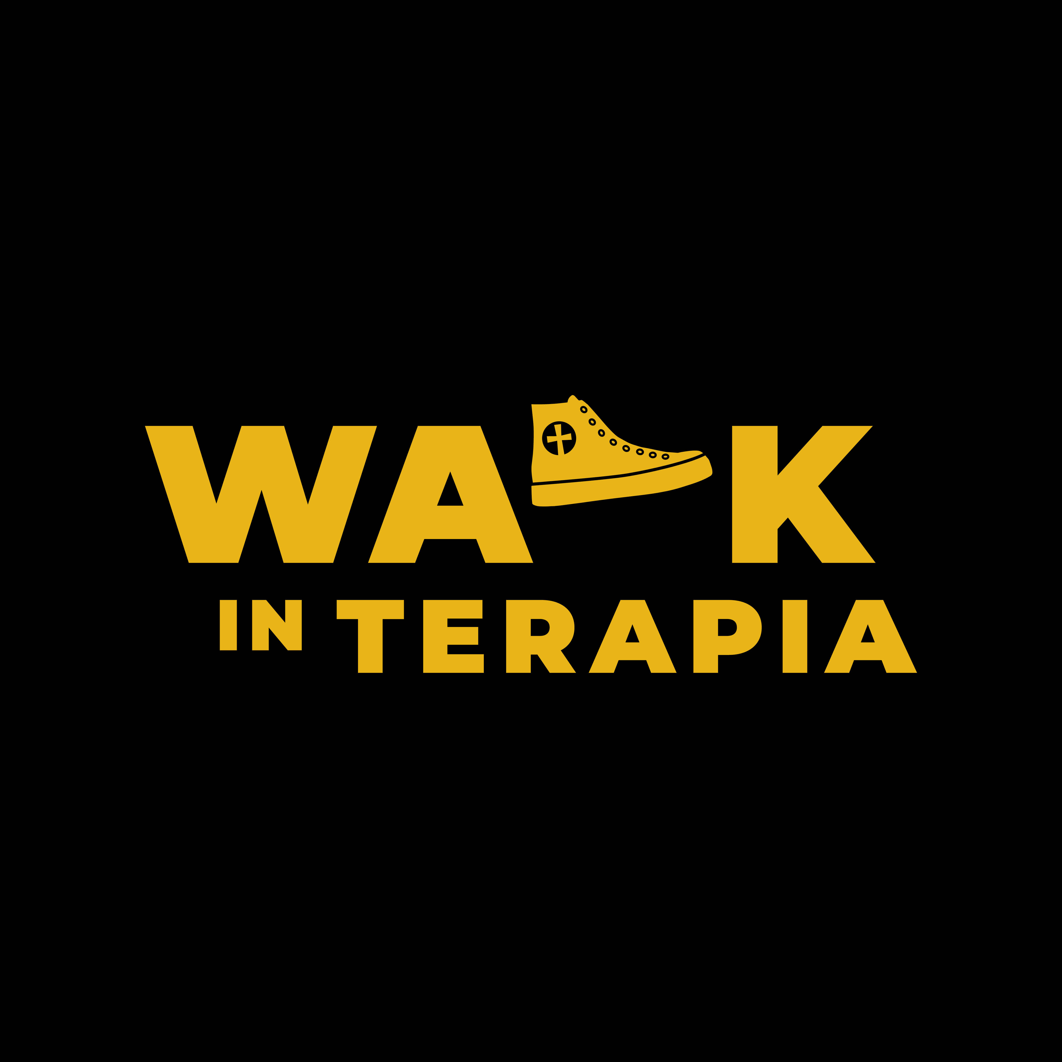 Mustapohjaisessa mainoksessa keltainen tennari ja keltaisella teksti Walk in