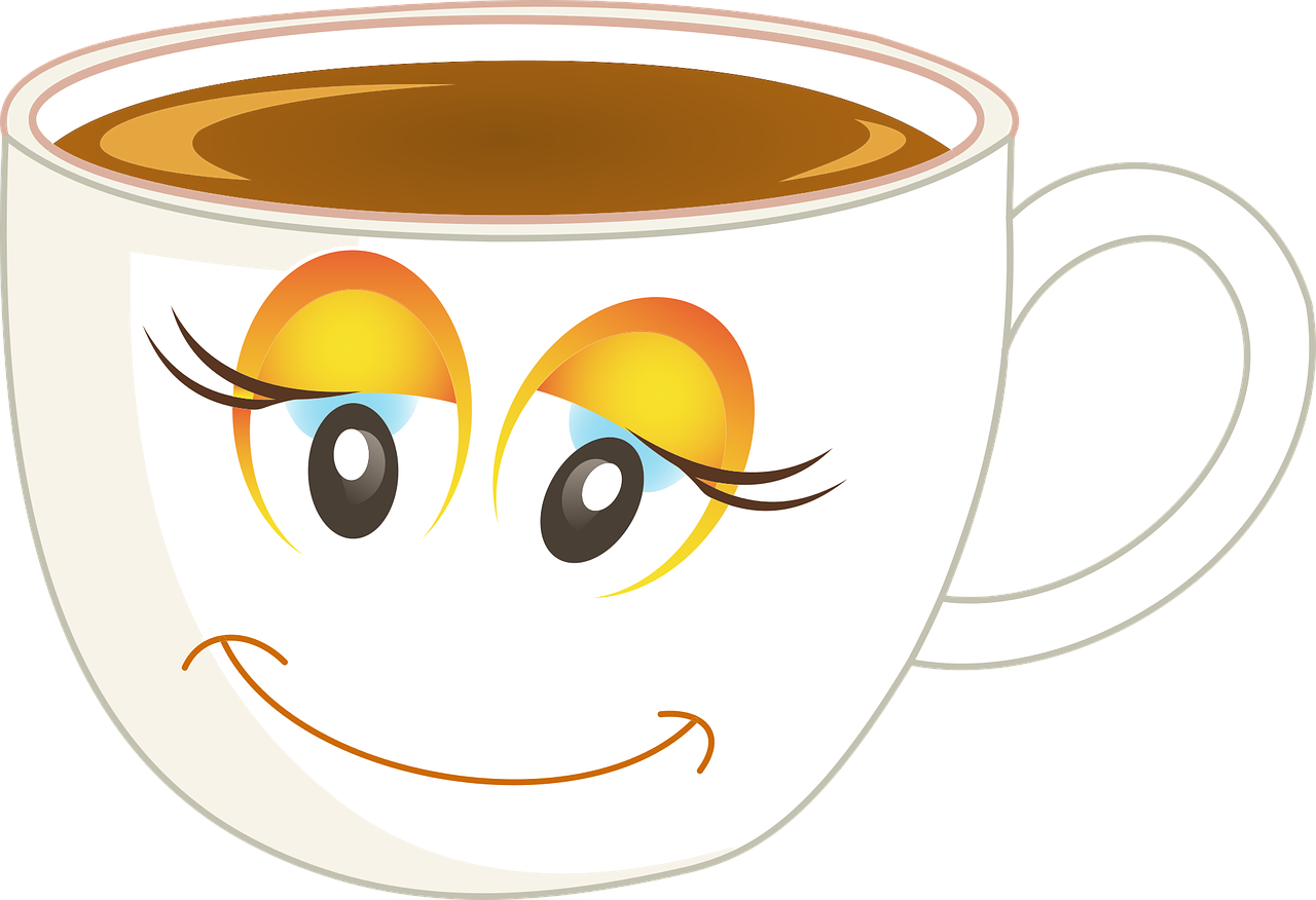 Kuvassa kahvikuppi, jolla hymyilevät kasvot.