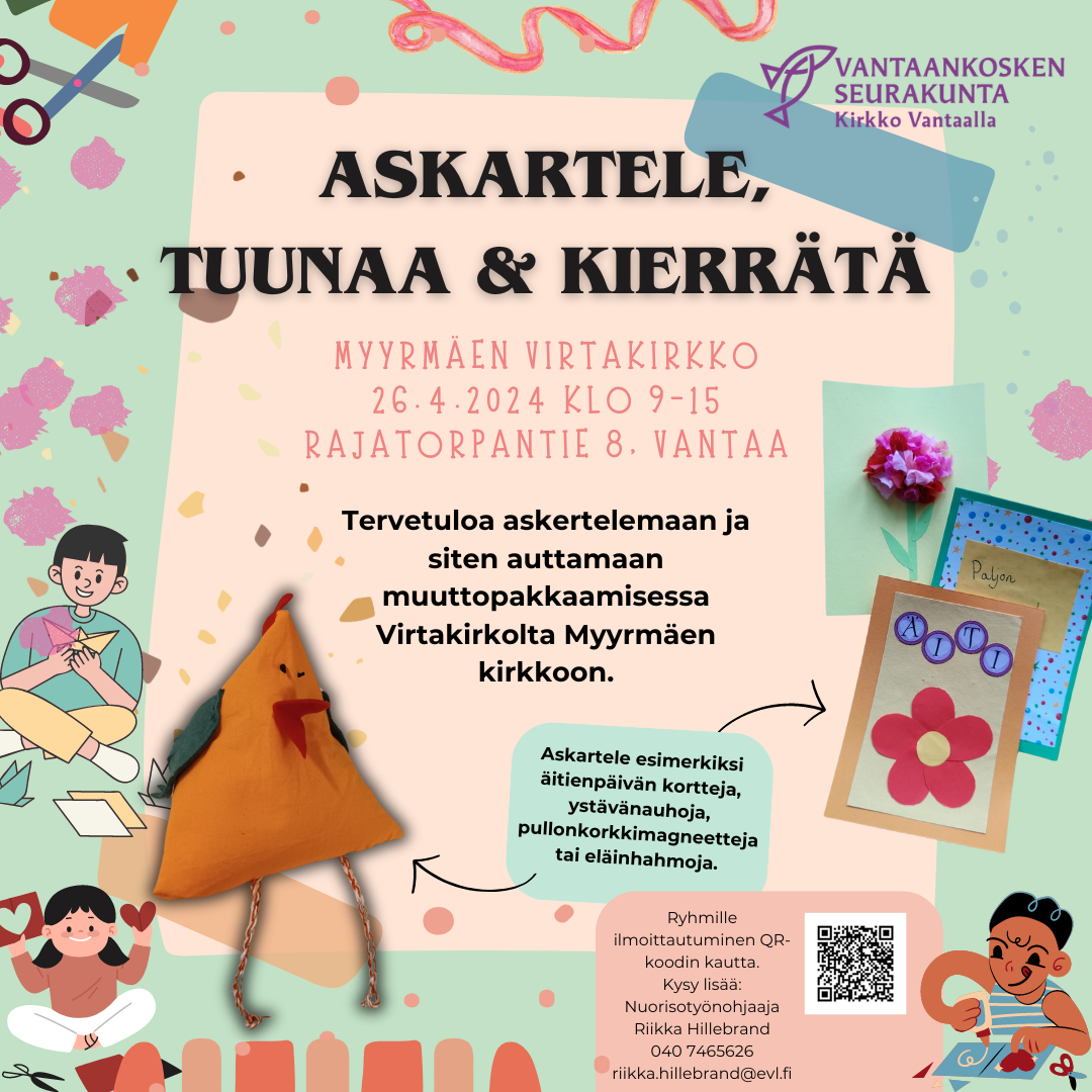 Askartele, tuunaa ja kierrätä-tapahtuma mainos tapahtumasta kuvia askartelevista lapsista kortteja
