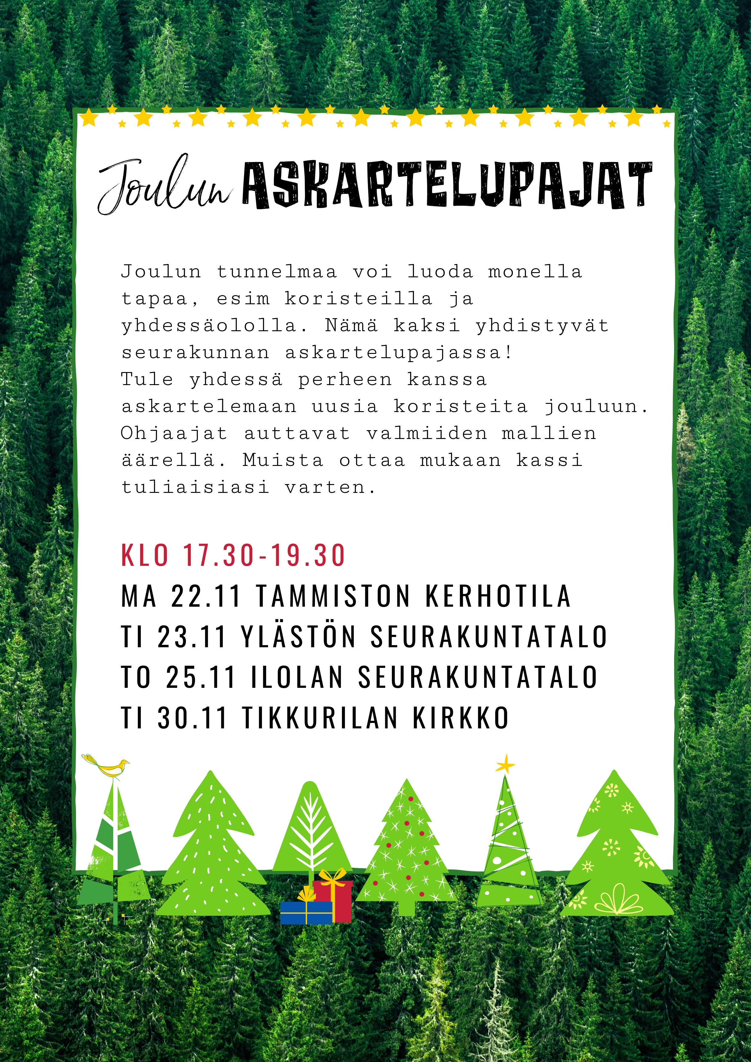 Jouluaskarteluilta perheille kuusimetsä