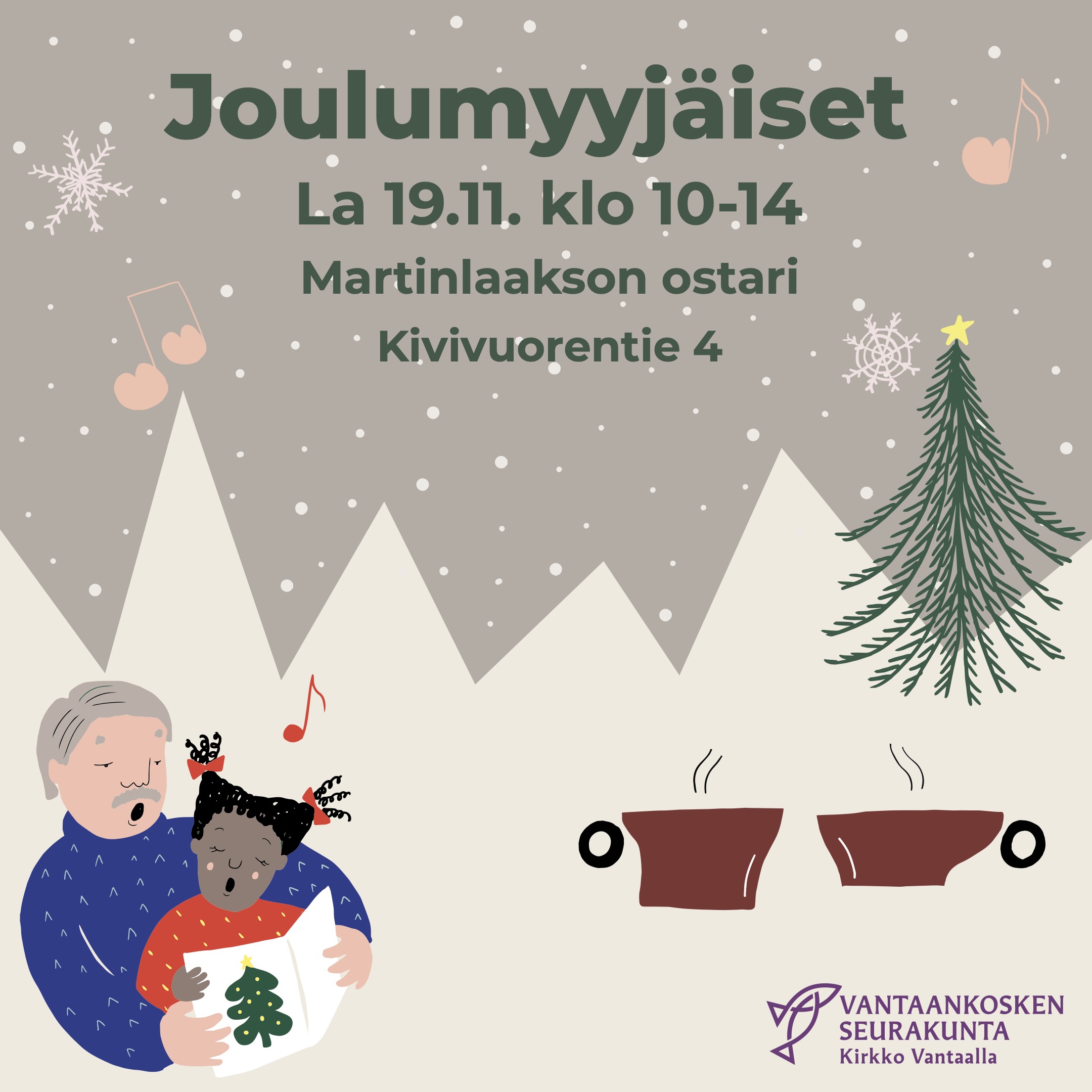 Laulava mies ja lapsi, höyryävät kupit, joulukuusi ja lumisadetta.