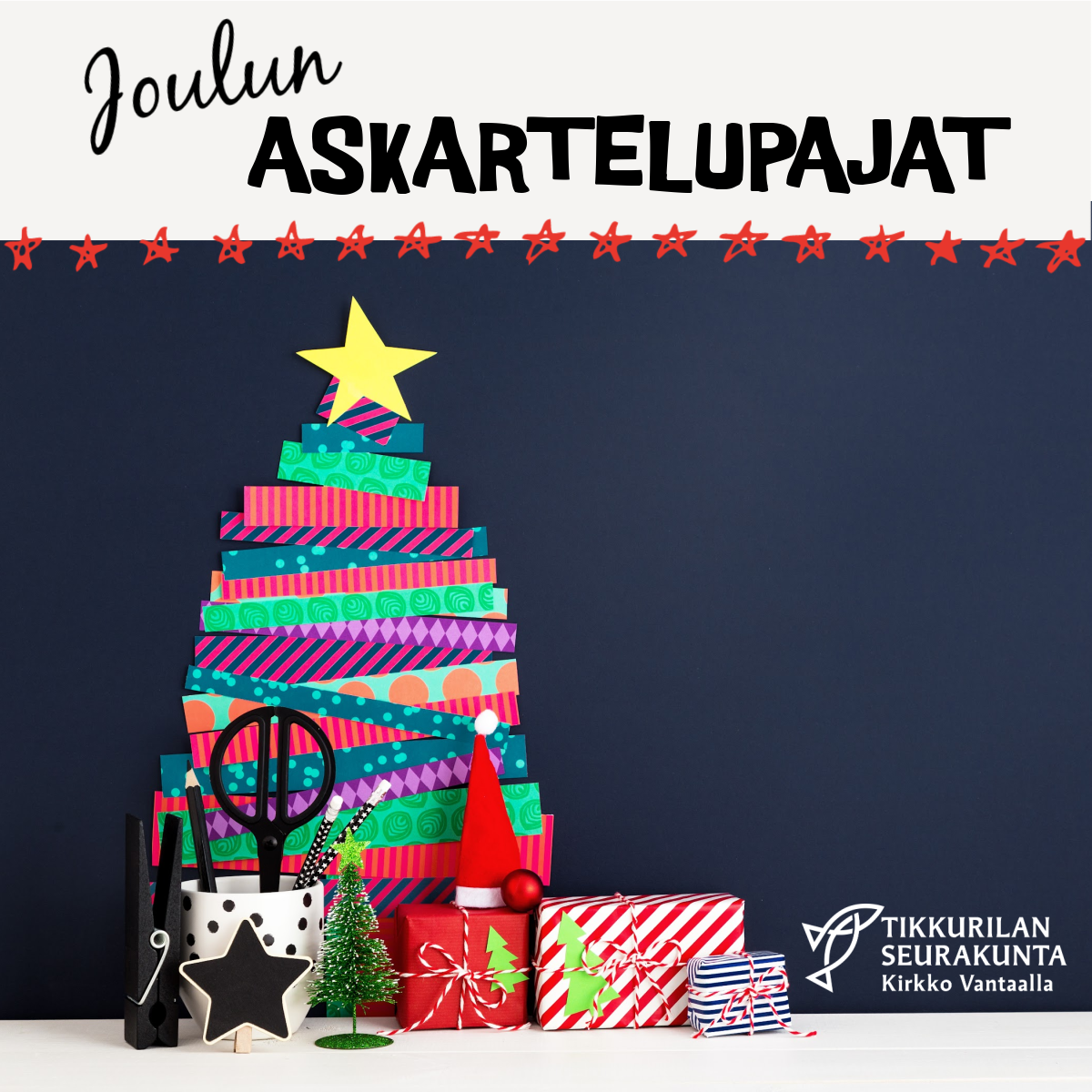 paperinen joulukuusi, paketteja ja sakset