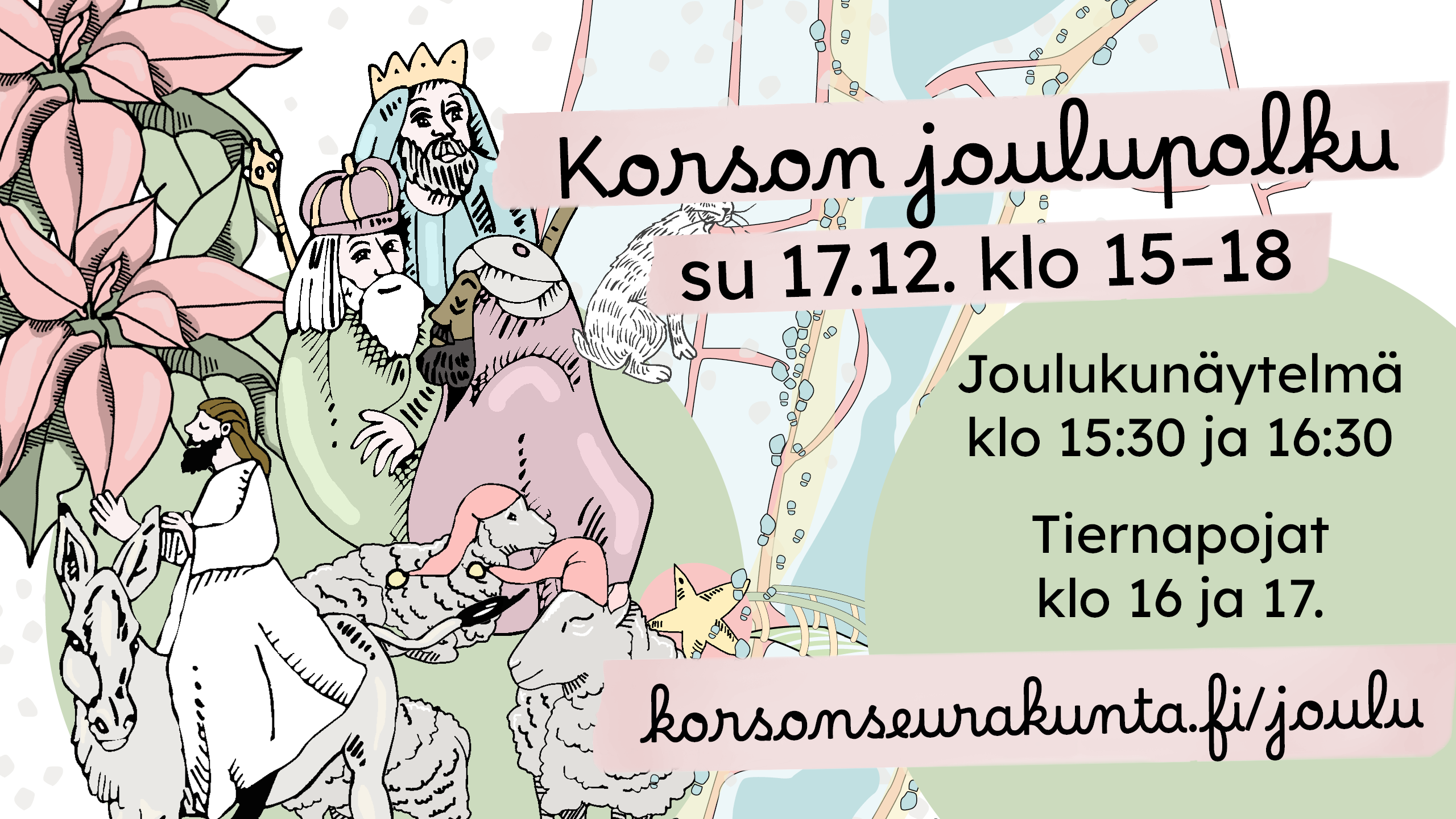 Korson joulupolku su 17.12. klo 15-18. Joulunäytelmä klo 15.30 ja 16.30, tiernapojat klo 16 ja 17.