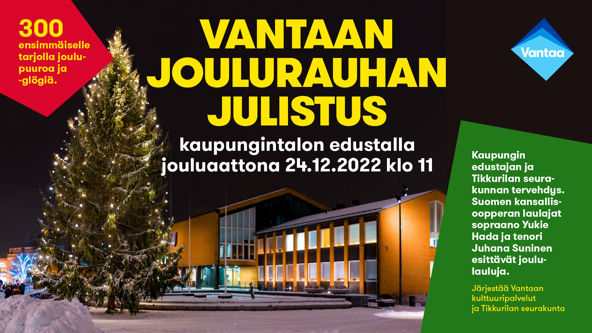 Kaupungintalo ja joulukuusi tapahtumatietoineen.