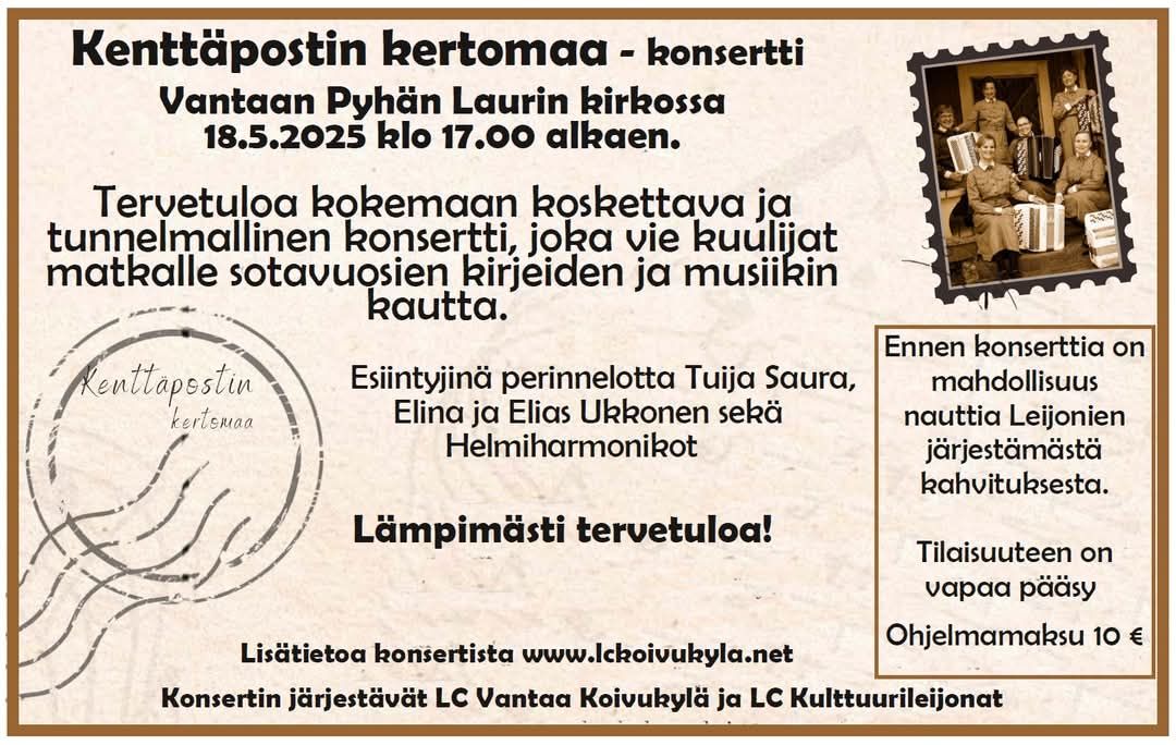 Konsertti Kenttäpostin kertomaa Pyhän Laurin kirkossa Konsertti Kenttäpostin kertomaa Pyhän Laurin kirkossa.