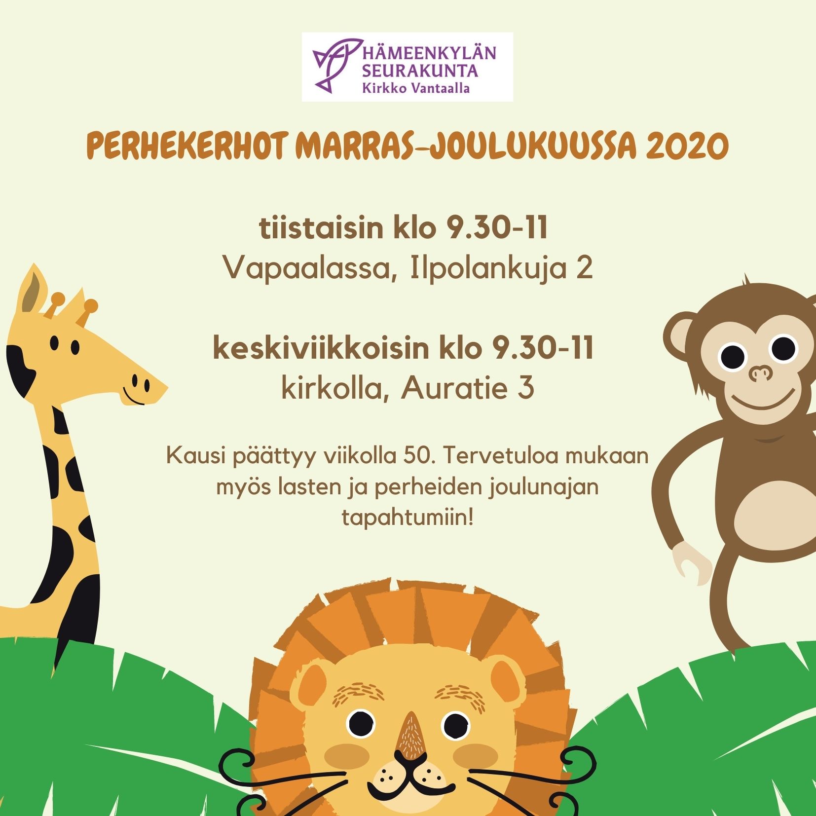 Vapaalan perhekerho Perhekerhot syksyllä 2020.