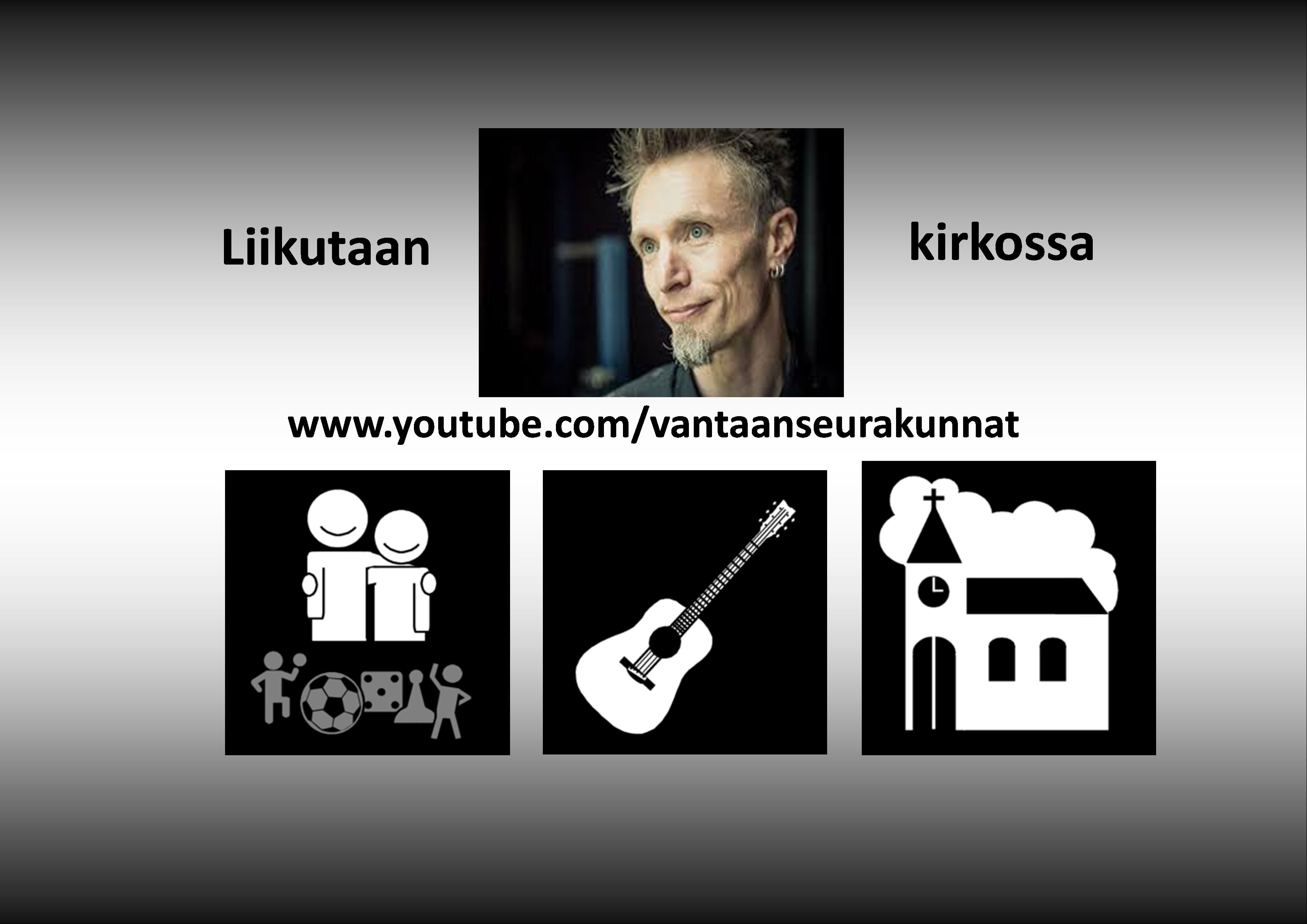 Liikutaan kirkossa-verkkotapahtuma Kuvassa liikkuvia ihmisiä, kirkko, kitara ja valokuva gospel-muusikko Make Perttilästä.