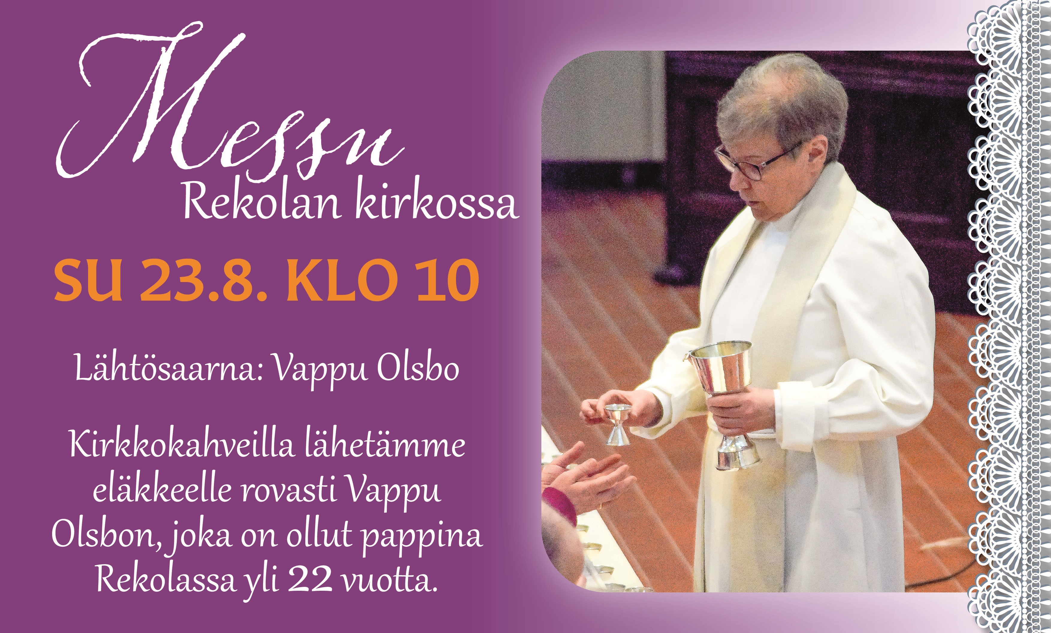 Messu Rekolassa pappi jakaa ehtoollista