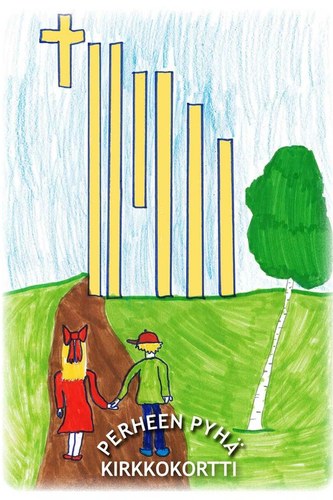 Kirkkokortin etusivun kuva, jossa kaksi lasta menee Myyrmäen kirkkoon. Lapsen piirtämä.