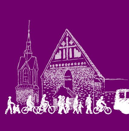 Piirretyssä kuvassa Vantaan Pyhän Laurin kirkon julkisivu, jonka edustalla liikkujia jalkaisin ja polkypyöräisin.