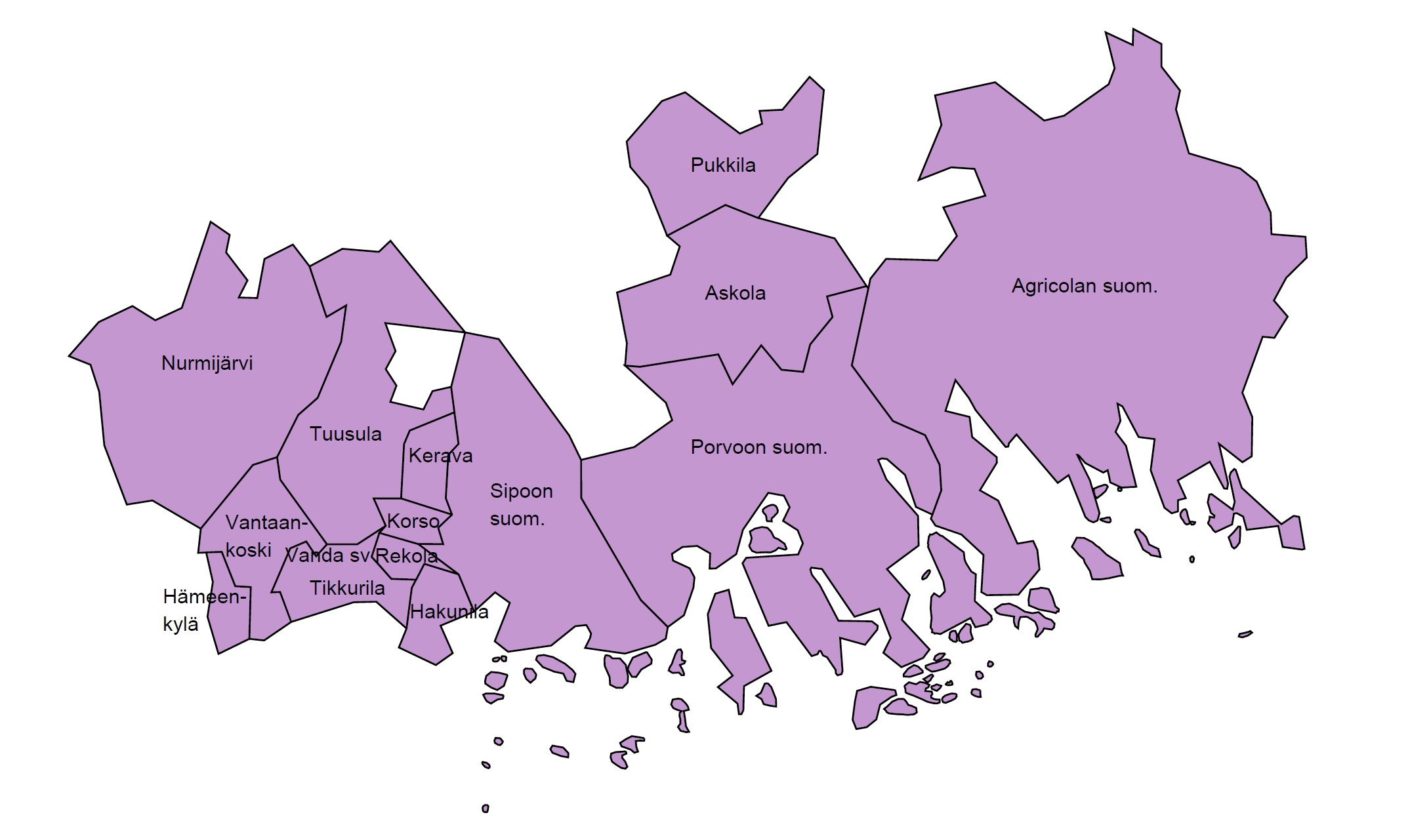 Vantaan aluekeskusrekisteriin kuuluvat seurakunnat kartalla