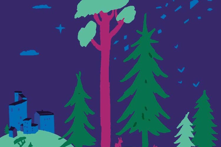 Piirroskuva kaupungista, jossa on metsää.