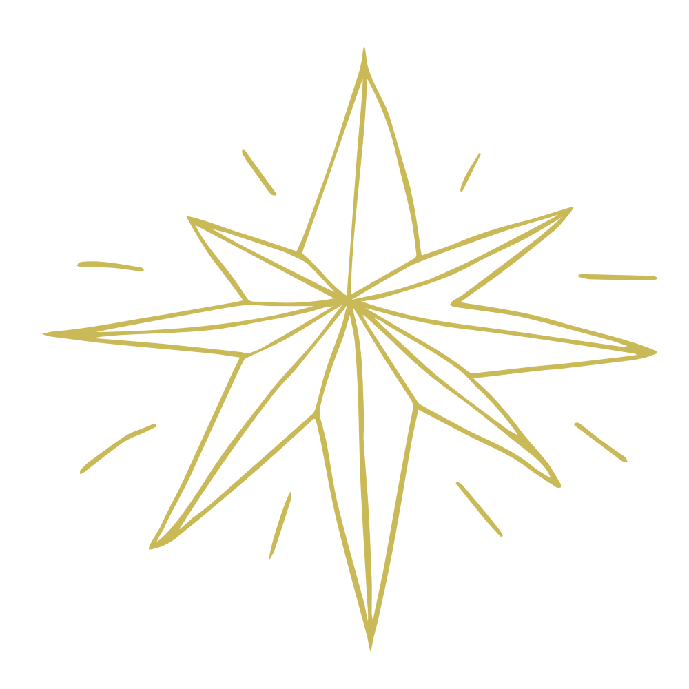 Piirroskuva: säteilevä, kullanvärinen joulun tähti