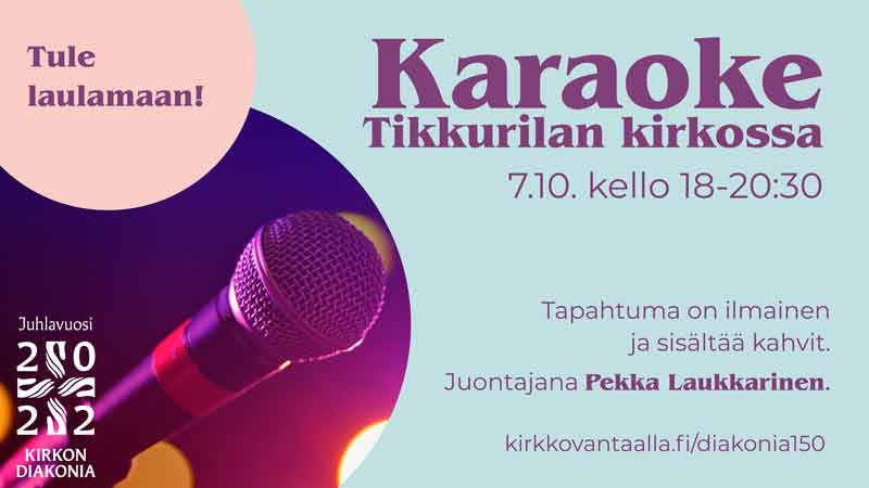 Karaoketapahtuman mainoskuva, jossa tekstiä. Tekstisisältö on selitetty tämän uutisen tekstissä.