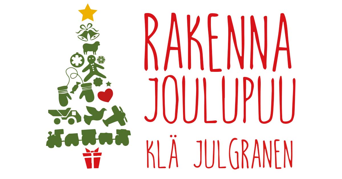 Rakenna joulupuu -keräyksen logo. Joulukuusi jonka alla lahjapaketti. Teksti Rakenna joulupuu. Klä julgranen.