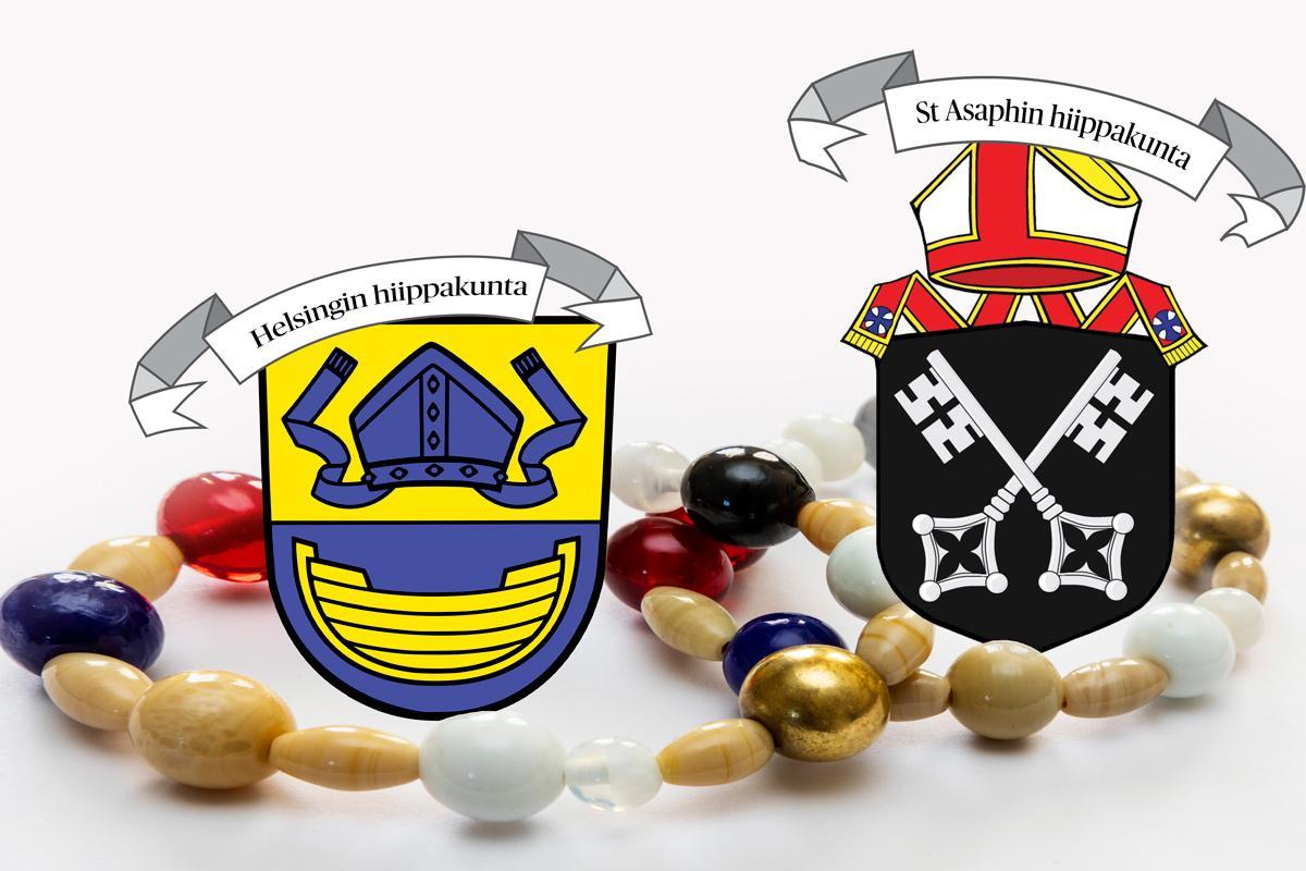 Kuva hiippakuntien vaakuinoista ja riparilaisten suosituista rukoushelmistä